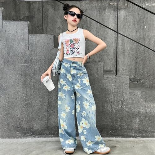 Girls Cargo Jeans Wide Leg Loose Kids Denim Pants with Pockets Casual Elastic High Waist Trousers Trendy Jogger Sweatpants3