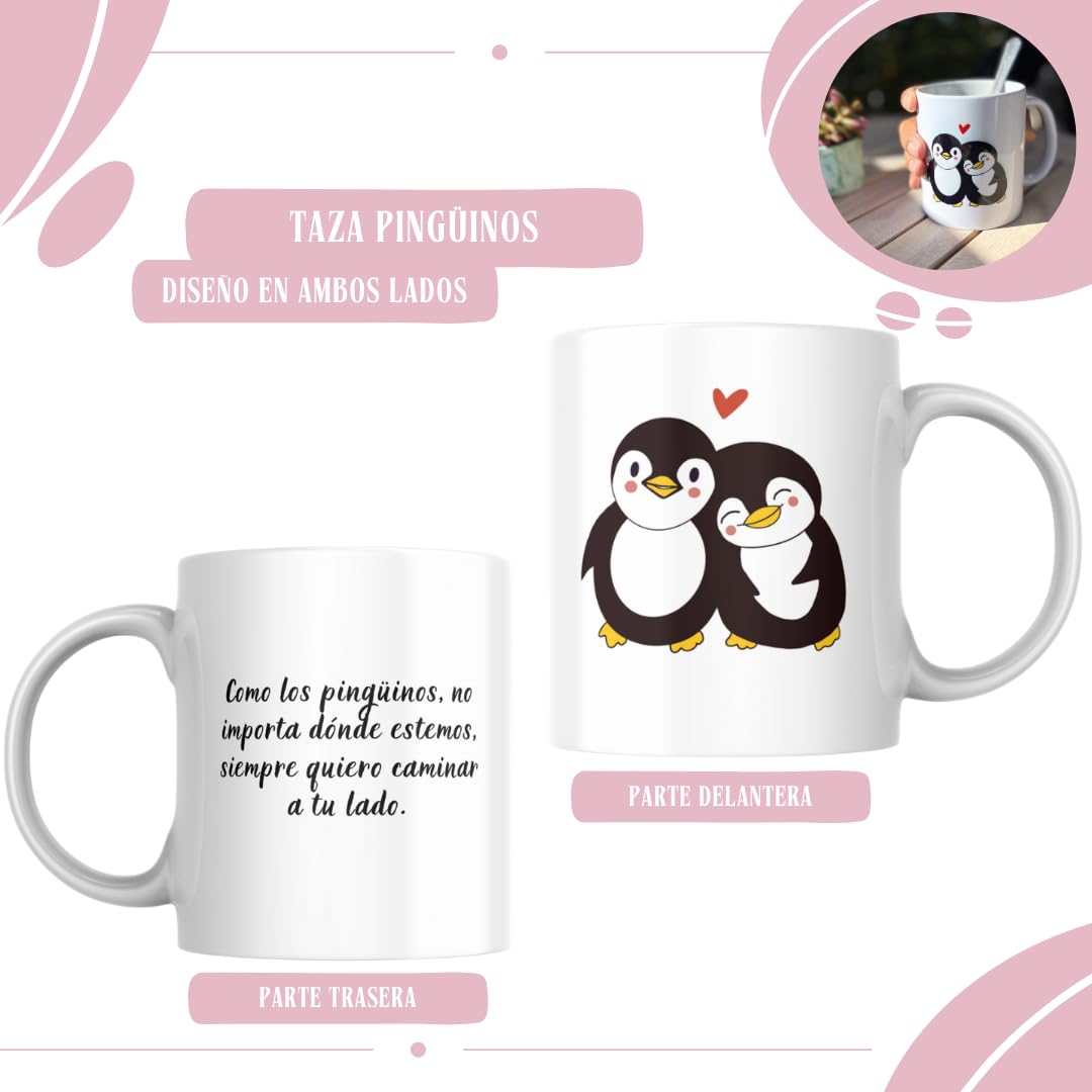 Pack de Peluche Romántico - Taza Pinguinos y más – Regalo Original para Aniversario y San Valentín – Pack Regalo para Novia Ideal para Parejas - Incluye Peluche, Taza, Piruletas y Rosa Eterna