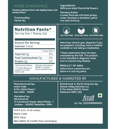 Image of Sukoon, Chamomile Tea Organic - 100 Tea Bags - Caffeine Free Organic Chamomile Tea Bags