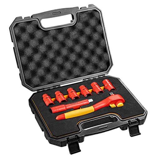 Neo Tools Set Chiavi A Bussola 1000V | Set 8 Pezzi, Acciaio Cv, Chiavi A Bussola Esagonali 10-19 Mm, Cricchetto, Prolunga | Per L'Elettricista, In Val