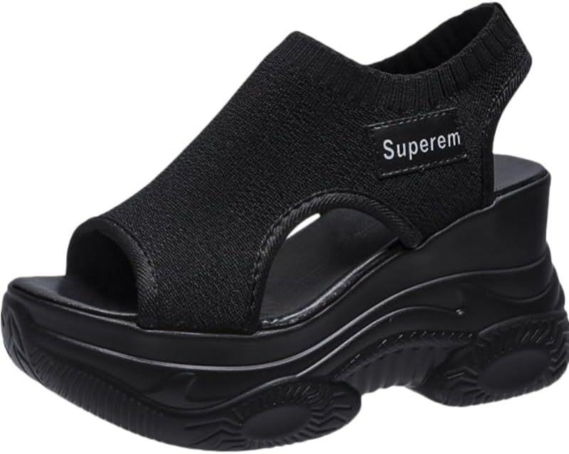 Women's Solid Color Casual Sandals, Platform Elastic Soft Sole Knitted Walking Shoes, Heightening Outdoor daily life