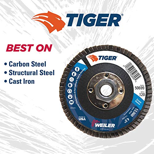 Image of Weiler 50699 4-1 /2 inch Tiger Disc Abrasive Flap Disc, Flat (TY27), Phenolic Backing, 120Z, 5 /8 inch-11 UNC Nut (Pack of 10)