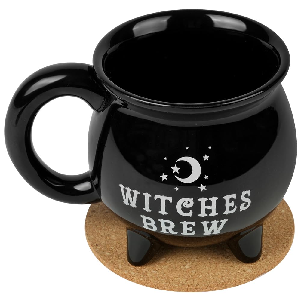 HOTUT Witches Brew Cauldron Mug,Witches Brew Coffee Mug with Coaster,Gothic Tea Cup,Novelty Tea Coffee Soup Cup,Halloween Witchy Mugs,Funny Mugs for Christmas,Halloween,Birthday Presents (Black)