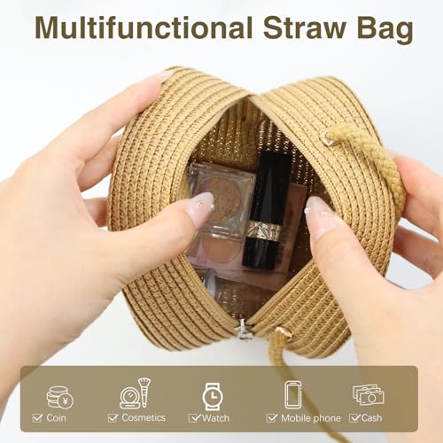 Women Straw Crossbody Bag, Cute Summer Beach Bags with Pearl Bow, Round Woven Purse Straw Shoulder Bag for Travel4