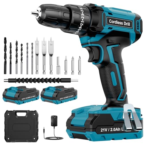 MHPRO Cordless Drill Set 21V, Cordless Hammer Drill with 2 Batteries 2000mAh, 25+3 Torque, 42N.m Max Electric Drill, 2 Speed, LED Light,14PCS Drill Bits for Home and Garden DIY Project