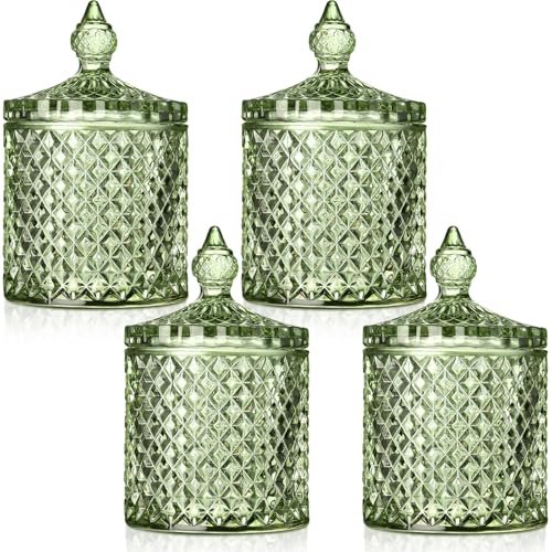 Aoriher 4 Pcs Crystal Glass Candy Jar Set with Lids Home Decorative Storage Jars for Apothecary Bathroom Kitchen and Pantry Ideal for Cotton Swabs and Jewelry (Medium Green)