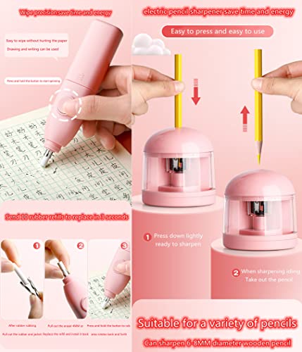 Image of Magicwand Battery Operated Pencil Sharpener,Electric Eraser,Vacuum Cleaner Stationery Set with 10 Eraser Refills for Kids,Adults for Home Office School【3 Yrs & Up】【Flamingo Pink】