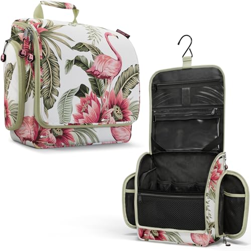 Image of VENTURE 4TH Hanging Travel Toiletry Bag, 17 Compartments - Pink Flamingo | Hangs on rails, hooks or doors; stands upright too. Removable TSA pouch. Water-resistant 900D Nylon, reinforced stitching.