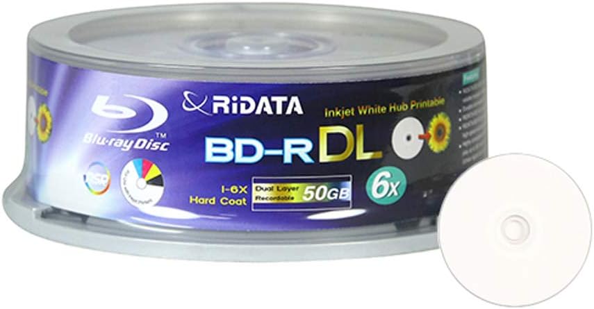 25 Pack Ridata Blu-ray BD-R DL Dual Layer 6X 50GB White Inkjet Hub Printable Recordable Blank Media Disc with Spindle Packing