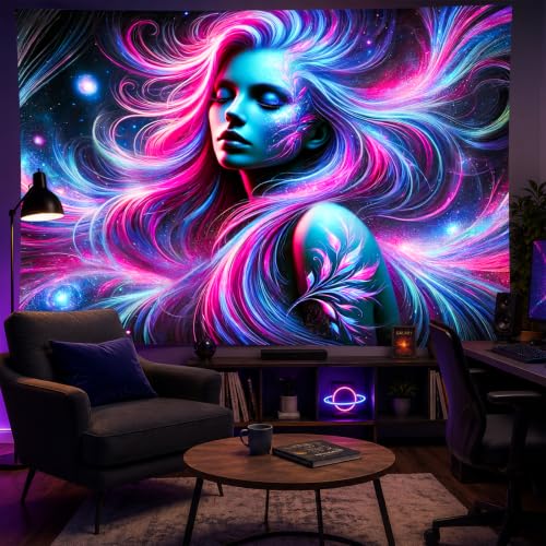 Image of BlissYard Blacklight Tapestry Girl 78x59 Inch Blacklight Cool Girl Art Tapestry for Bedroom Glow In The Dark UV Reactive Black Light Tapestries Posters Wall Hanging Hone Room Party Decor