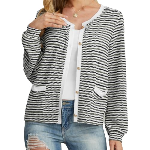 Image of Women's Green Black Casual Dressy Stirped Cardigan with Patch Pocket Sweaters Crew Neck Lady Lightweight Jacket 2024 Fall Winter Size XXL