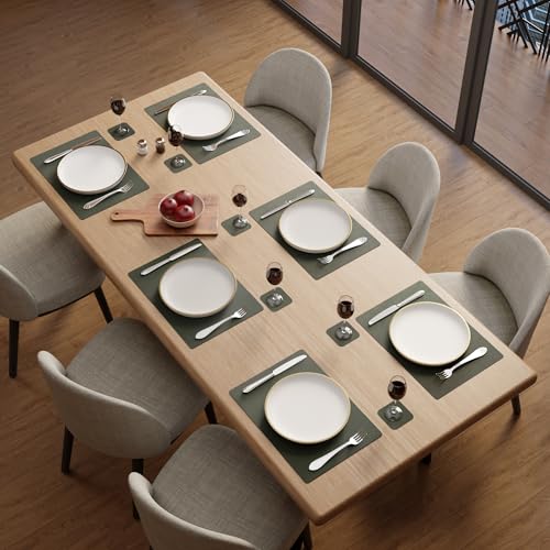 Image of Encasa XO Leather Dining Table Mat Set of 6 + 6 Coasters, 42x30 & 9 cm | Water & Heat Resistant Double-Layer Dining Table Mats with Suede Top | Wipeable & Durable Olive Placemats for Dining Table