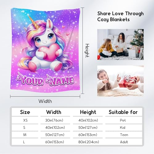 Unicorn Blanket Personalized Gifts for Girls - Flannel Soft Cute Throws for Couch, Office 4 Sizes