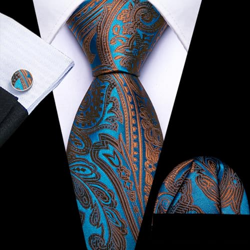 Image of Barry.Wang Men Ties Paisley Woven Silk Necktie Set with Pocket Suqare Cufflinks Formal