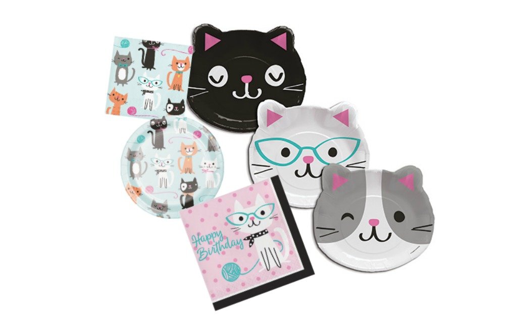 Cat Themed Dessert and Lunch Plates, and Lunch and Beverage Napkins Bundle - Paper Goods