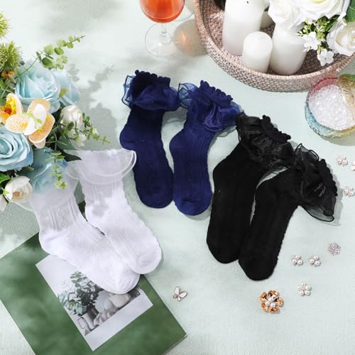 Geyoga 3 Pairs Women Ruffle Socks Turn Cuff, Double Lace Ankle Socks for Woman Cotton Lace Frilly Sock for Ladies4