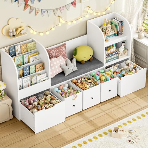 FOTOSOK 71” Toy Organizers and Storage with Seat Cushion, Kids Bookshelf with Reading Nook and 2 Movable Drawers & 3 Fabric Toy Chests, Kids Reading...