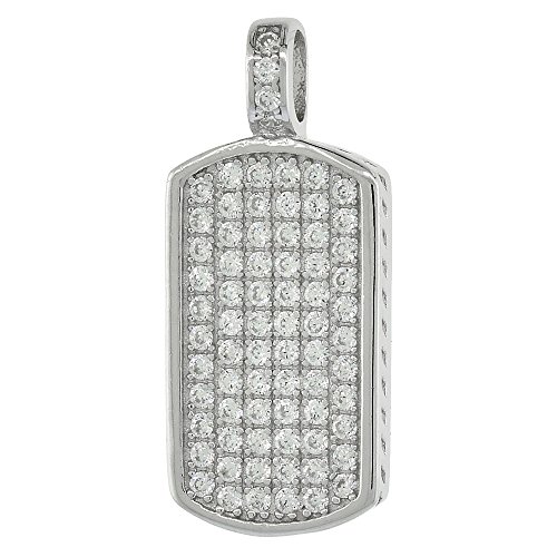 Dinty Sterling Silver Cubic Zirconia Dog Tag Necklace Micro Pave 3/4 inch 18 inch RHB206H