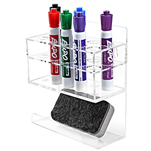 MyGift Wall-Mounted 2-Tier Clear Acrylic 10-Slot Dry Erase Whiteboard Marker and Eraser Holder