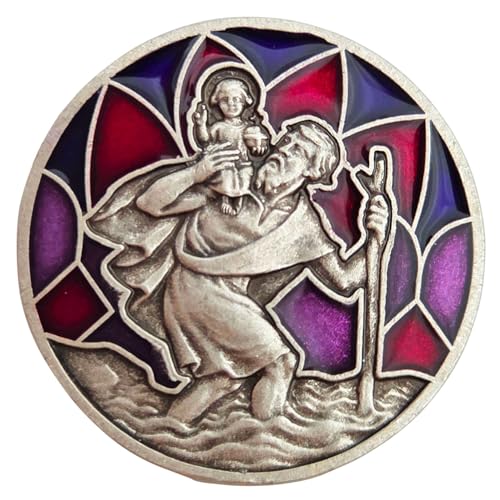 Lunexus Christophorus Auto Plakette Lila Violett – gesegnet mit Zertifikat – inkl. Samtsäckchen – Magnet und Klebestreifen – Glücksbringer Autofahrer Schutzpatron Reisende – christliches Geschenk