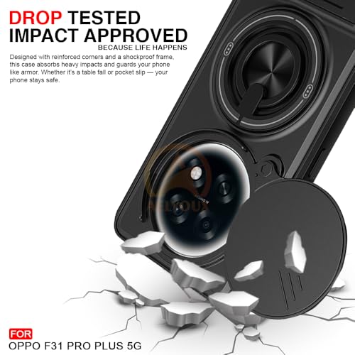 Image of Oppo F31 Pro Plus 5G Back Cover | Armor Camera Slider 360 Degree Rotating Finger Ring Holder Case with Bracket Stand Back Case Cover (Compatible with MagSafe Accessories) (Black)