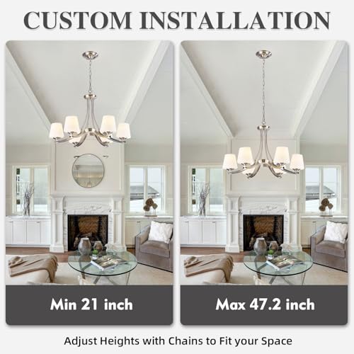 Image of 6-Light Brushed Nickel Chandeliers for Dining Room with Frosted Glass 47.2 inch Adjustable Silver Pendant Ceiling Lighting Rustic Vintage Hanging Lamp for Farmhouse Kitchen Island Dining Table Living Room
