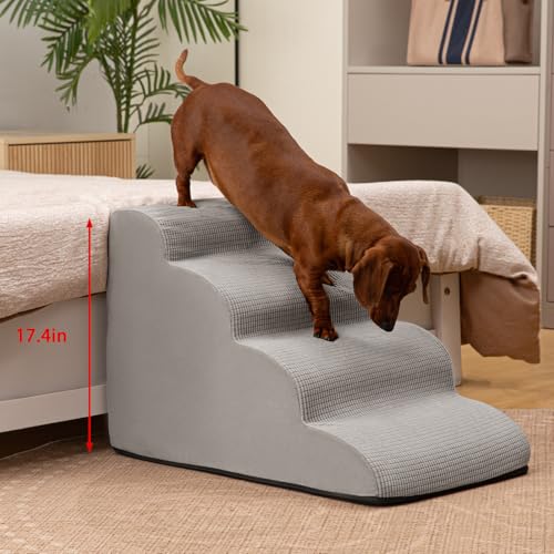 Image of Aodisman Dog Steps for Bed or Couch,4-Step Pet Stairs Ramp for Small Dogs | 17.4 inch H Indoor Non-Slip Dog Stairs Help Senior Dogs,Short-Legged Breeds,Puppies and Cats to Reach Beds and Chairs,Light Grey
