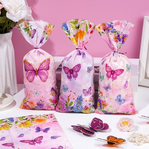 100 unidades de sacos de guloseimas borboleta celofane aquarela estampa floral sacos de doces primav