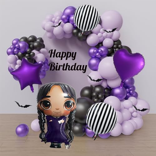 Image of 31 inch Gothic Cartoon Girl & Mixed Gothic Balloon Set: 5pcs Foil Balloons Black Striped, Star, and Heart Purple Balloons for Mysterious Character theme Party, Birthday, Halloween, and Costume Parties
