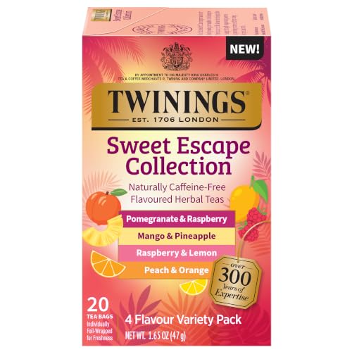 Image of Twinings Sweet Escape Fruity Herbal Tea Variety, 20 Count, Pack of 1 | Assorted 4 Flavours, Naturally Caffeine-Free, Enjoy Hot or Iced, 20 Teabags