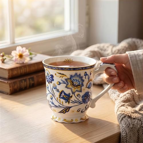 Taza de porcelana con diseño floral azul de 11.8oz miniatura 6