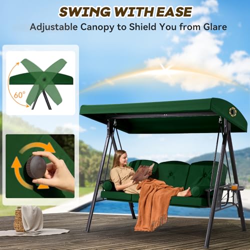 Image of 3 Seat Outdoor Patio Porch Swing with Adjustable Canopy, 3 in 1 Swing for Adults, Patio Swing Chair with Thickened Cushions,Pillows & Cup Holders for Backyard, Porch, Garden (Green)