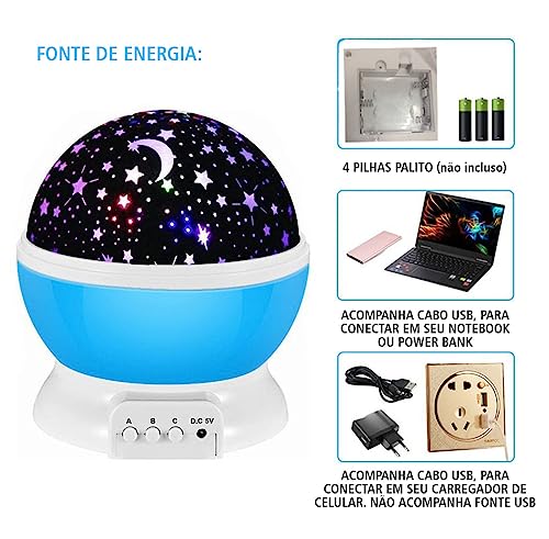 Luminária Abajur Infantil Projetor Estrelas Globo Giratório - AZUL