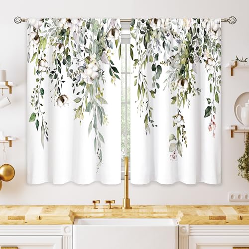 oolygoo Eucalyptus Botanical Leaves Cotton Farmhouse Floral Small Kitchen Curtains Flower Treatment Wildflower Plant Cafe Short Window Curtains for Bathroom Room Tier Treatment Drapes 26x36 inch