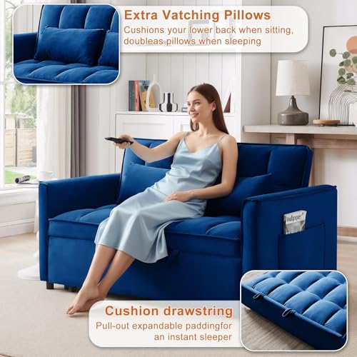 Image of Dreamzie 53 inch Sleeper Sofa, 3 in 1 Convertible Sofa Bed & Pull Out Couch, Modern Velvet Loveseat with Adjustable Backrest, Side Pocket & 2 Pillows for Apartment Living Room, Blue
