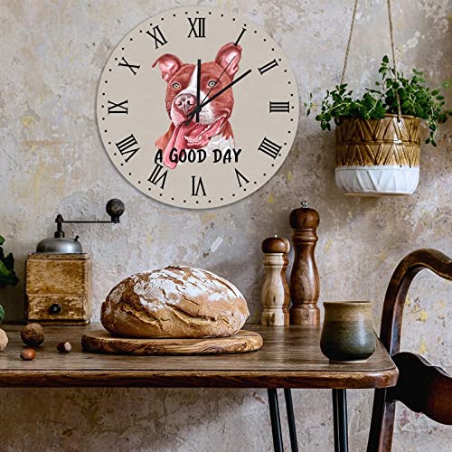 Horloge murale bois Pit Bull Terrier lisible pour décoration salon