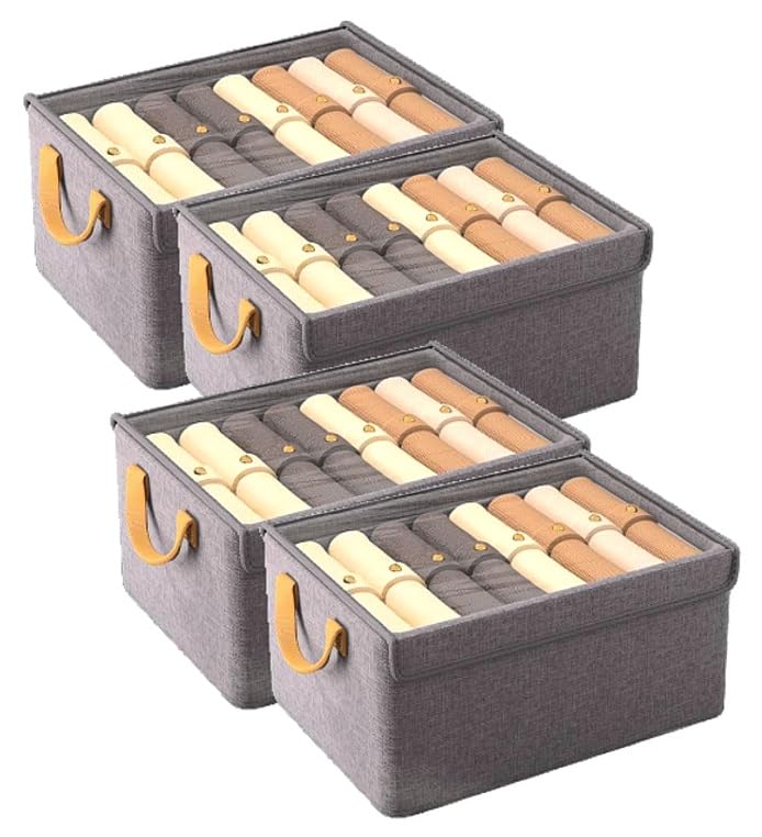 FLYNGO 4Pcs Wardrobe Organizer for Clothes with Metal Frame, Foldable Storage Basket for Clothing, Cloth Organizer Storage Box with Handle and Lid for Pants, Jeans, Sweater (Pack of 4)