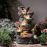 KAISOKU 32.7" Outdoor Fountain with 3 Planter Slots, 6-Tier Modern Cascading Rock Waterfall Fountain with 3000K Warm LED Lights & Pebbles for Garden, Patio, Backyard, Deck and Home Decor