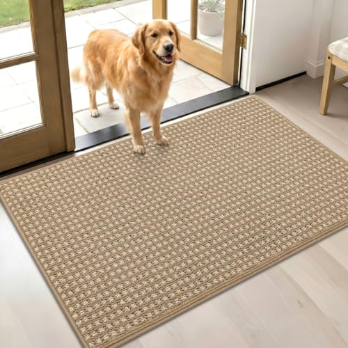 Image of hicorfe Waffle Door Mat Indoor Entrance,35 inchx24 inch Non Slip Indoor Mat,Beige
