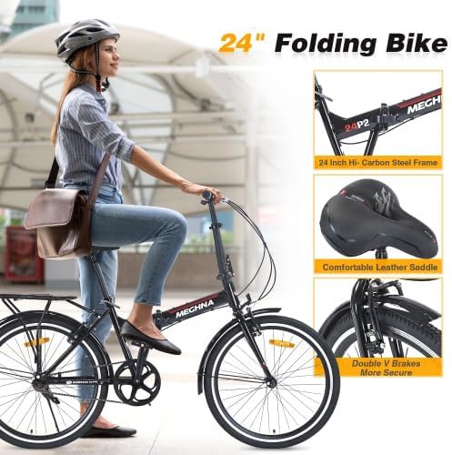 24 Inch Folding Bike for Adults with Fenders, Steel Frame Single Speed City Commuter, Dual V-Brake Portable Compact Bicycle for Men & Women