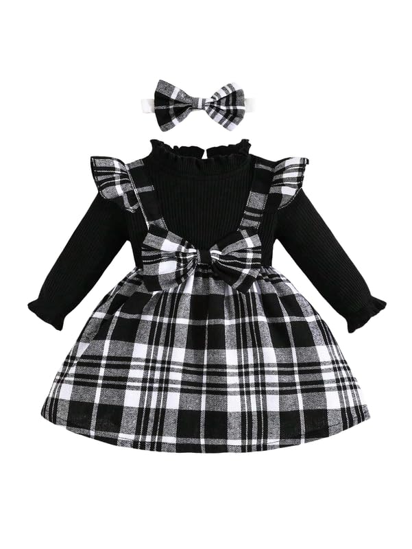 KIYOL Baby Girl Plaid Suspender Dress with Front Bow & Ruffle Straps – Stylish Sleeveless Frock for Toddlers & Infants – Fall Winter