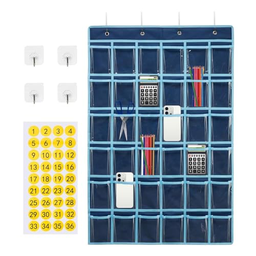 Organizador de la tabla de bolsillo de la clase - 36 gráfico de bolsillo para la calculadora | Gráfico de bolsillo colgante de pared con ganchos | Organizador de bolsillo de armario para teléfonos cel