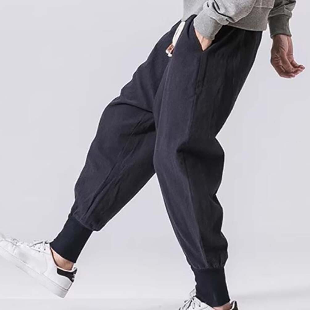 Męskie lekkie i luźne japońskie lniane spodnie haremki, rozciągliwe, luźny krój, styl joggingu, rozmiary S-5XL (granatowe, XXL)