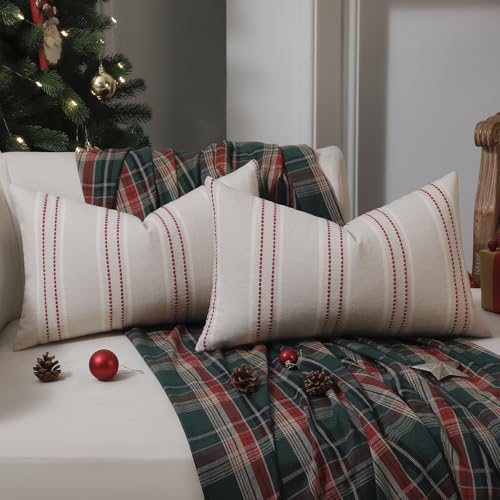 Image of Hckot Christmas Throw Pillow Covers 12x20 Red Pillow Covers Striped Xmas Decorations Pillows Lumbar Farmhouse Cushion Covers Winter Holiday Decor for Sofa Living Room (Red)