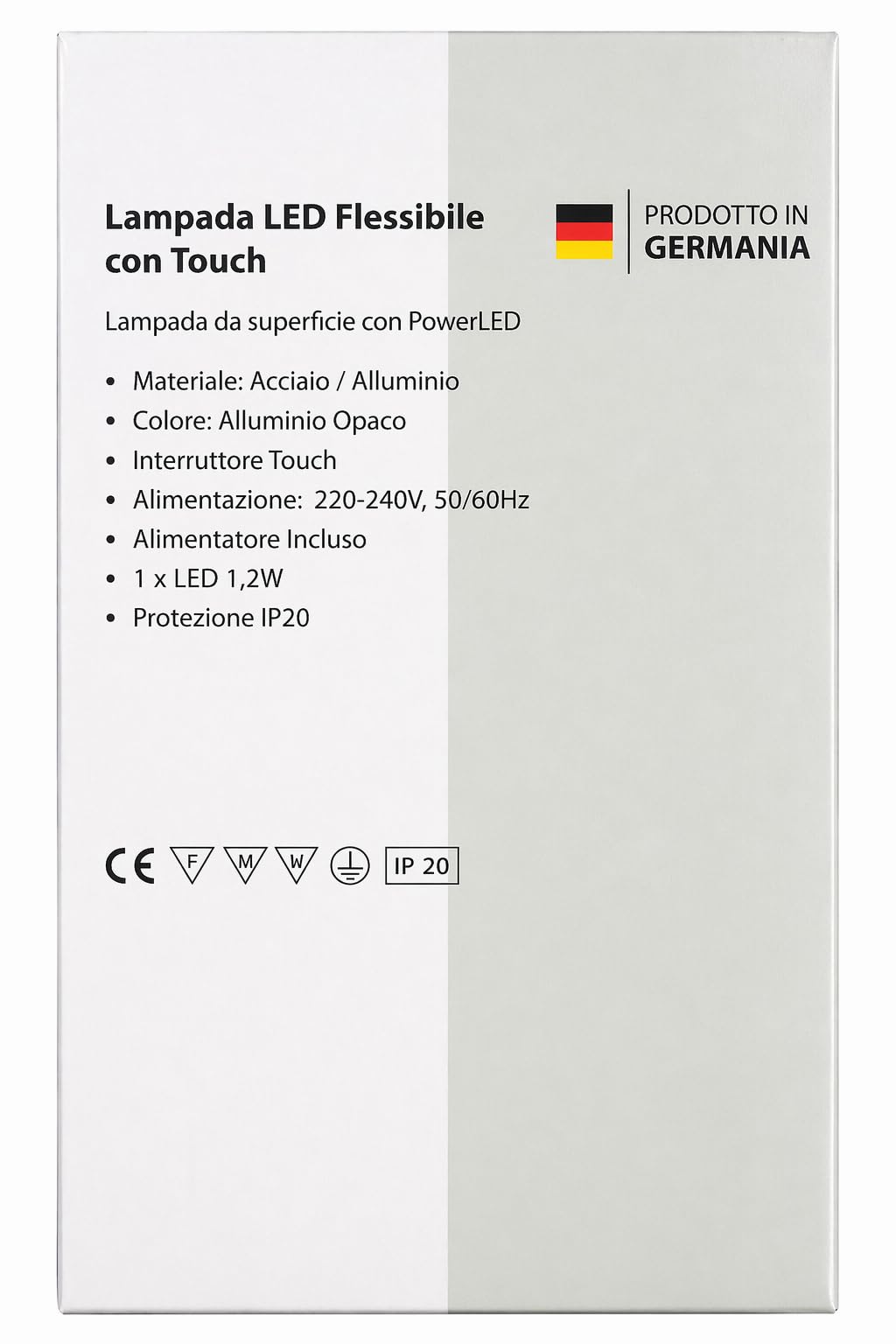 Generico Lampada LED Flessibile con Touch 1,2W, Braccio Orientabile 30 cm, Luce da Lettura per Comodino e Scrivania, Base 90 mm, Alluminio Opaco, IP20, Prodotta in Germania