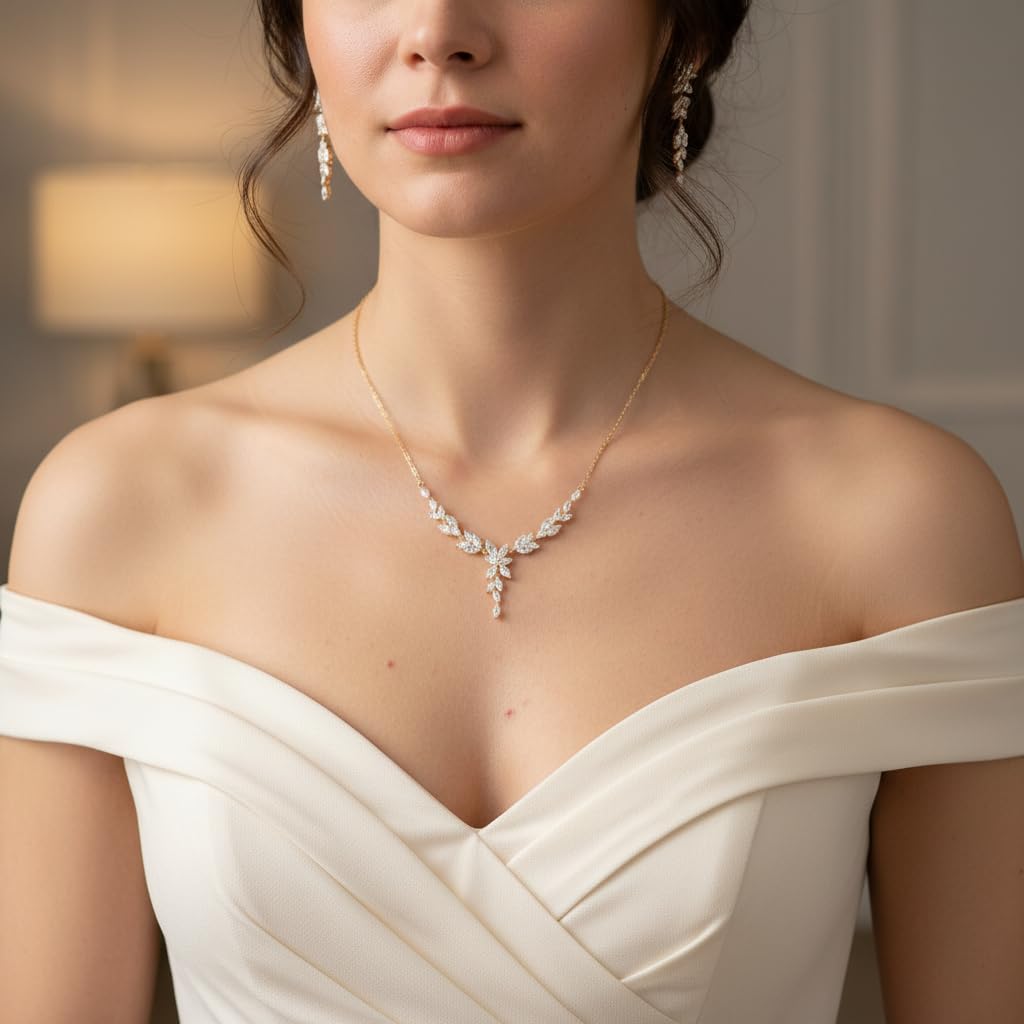 EVER FAITH Cubic Zirkonia Schmuck Set für Braut Brautjungfer, elegante Marquise Blatt Blume Hochzeit Halskette baumeln Ohrringe Armband für Damen