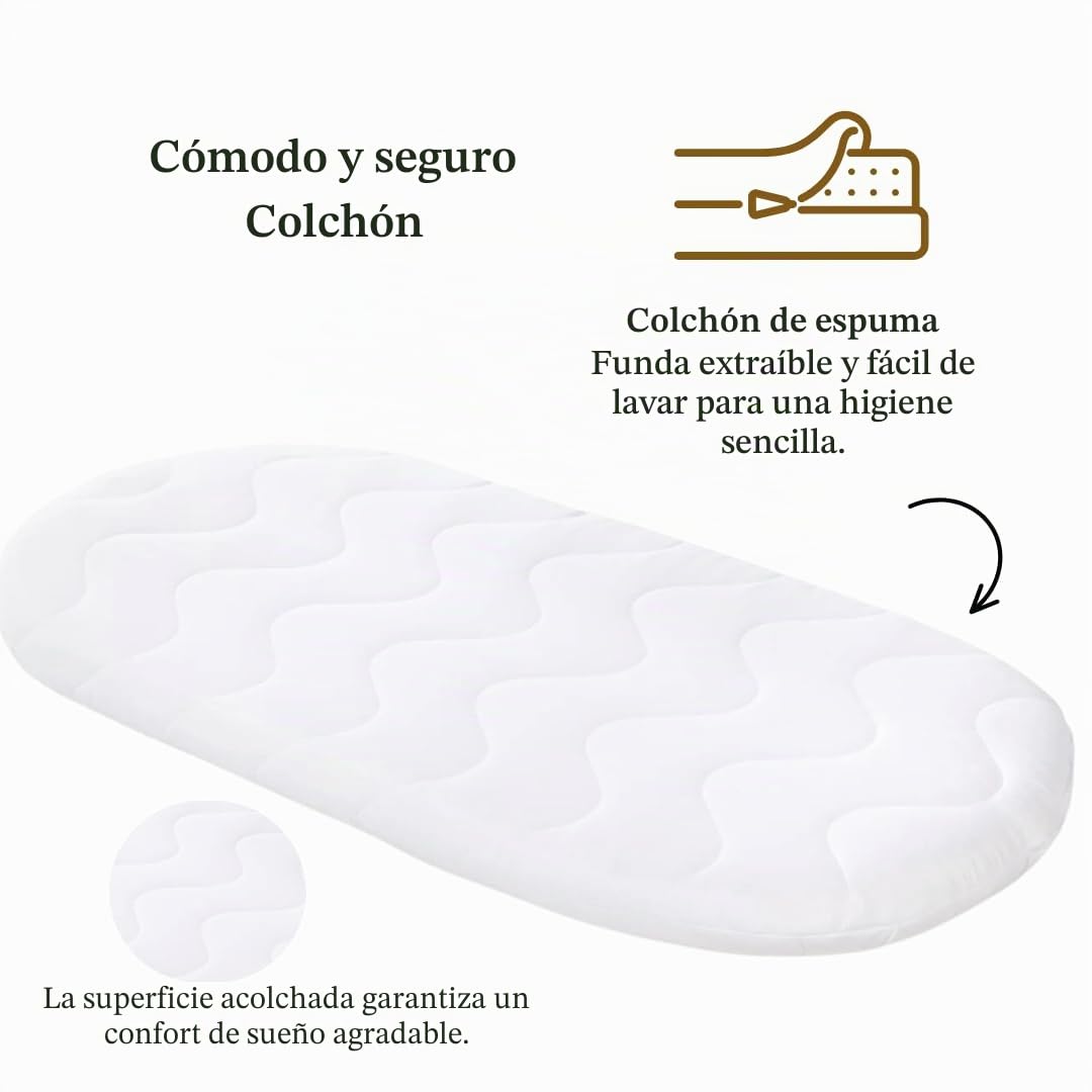 WIKLINOPOL Moisés Bebé con Ruedas y Freno – Cesta de Mimbre Natural con Colchón y Ropa de Cuna de Algodón 100% Oeko-Tex en Beige – Set Completo para Recién Nacidos – Modelo Amelia