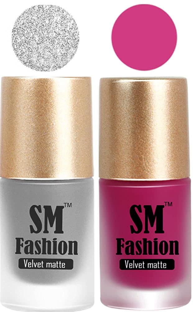 SM FASHION Nail Polishes, Silver-Magenta Velvet Matte Nail Paint Combo Set of 2 Pcs 7ml each