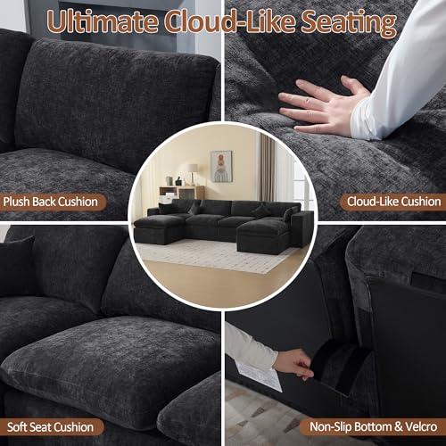 Image of 146''Cloud Boneless Modular Couch, Oversized Sectional Sofa Deep Seat with 2 Ottomans, Modern Upholstered Convertible U Shape Couch Comfy 6 Seater Chenille Sofa Couches for Living Room, Dark