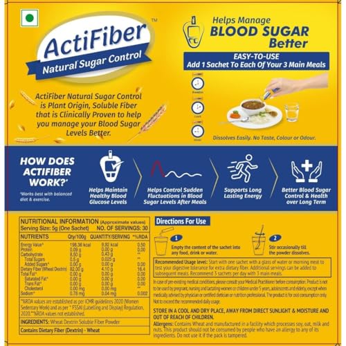 Image of ActiFiber Natural Sugar Control | Food for Special Dietary Use for Diabetes Management | Manage Blood Sugar Fluctuations Better | Clinically Proven | Plant Origin | Easy to Use (150Gms Pack of 2, 60 Sachets)